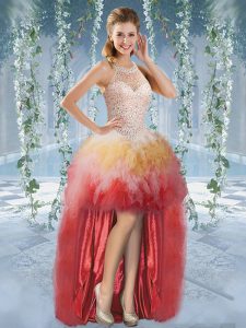 Halter Top Sleeveless Tulle High Low Lace Up Prom Dresses in Multi-color with Beading and Ruffles