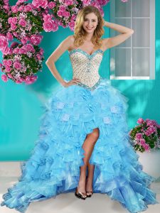 Enchanting Organza Sleeveless High Low Prom Gown and Beading and Ruffles
