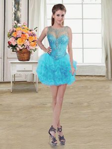 Decent Baby Blue Ball Gowns Scoop Sleeveless Tulle Mini Length Lace Up Beading and Ruffles Prom Evening Gown