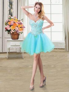 Mini Length Lace Up Prom Dress Aqua Blue for Prom and Party with Beading