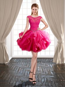 Lovely Scoop Mini Length Hot Pink Celebrity Style Dress Tulle Cap Sleeves Beading and Ruffles
