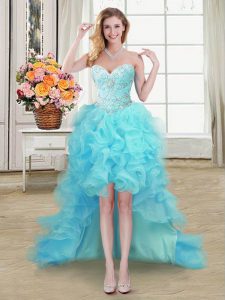 High Quality Beading and Ruffles Prom Dresses Aqua Blue Lace Up Sleeveless High Low