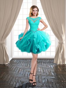 New Arrival Scoop Mini Length Turquoise Prom Gown Tulle Cap Sleeves Beading and Ruffles