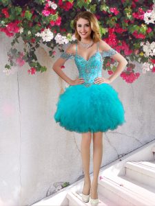 Off the Shoulder Tulle Sleeveless Mini Length Homecoming Dress and Beading and Ruffles