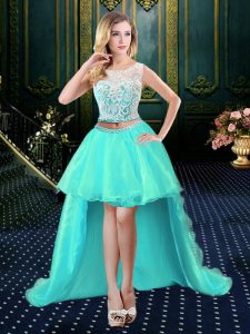 Custom Designed High Low Aqua Blue Prom Party Dress Scoop Sleeveless Clasp Handle