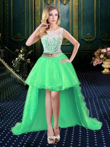 Scoop Sleeveless Clasp Handle High Low Lace Prom Gown