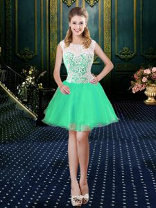 Spectacular Turquoise A-line Scoop Sleeveless Organza Mini Length Zipper Lace Evening Party Dresses