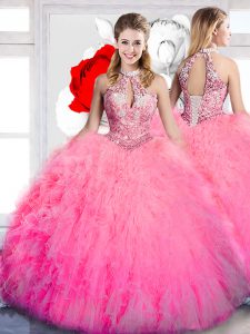 Super Floor Length Hot Pink Vestidos de Quinceanera Halter Top Sleeveless Lace Up