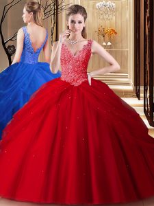 Low Price Pick Ups Ball Gowns Quinceanera Dress Red V-neck Tulle Sleeveless Floor Length Backless