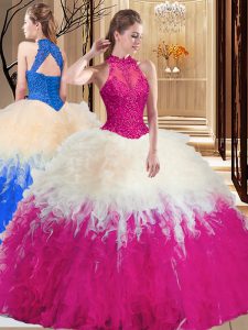 Ball Gowns Quinceanera Dresses Multi-color High-neck Tulle Sleeveless Floor Length Backless