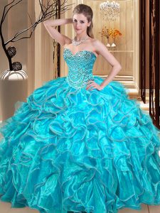 Gorgeous Aqua Blue Sleeveless Beading and Ruffles Floor Length Sweet 16 Quinceanera Dress