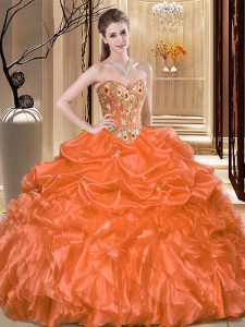 Clearance Orange Organza Lace Up Sweetheart Sleeveless Floor Length Ball Gown Prom Dress Embroidery and Ruffles