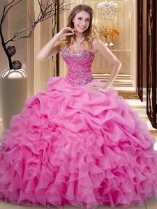 Rose Pink Organza Lace Up Quinceanera Gowns Sleeveless Floor Length Beading and Ruffles and Pick Ups