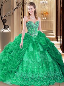 Glorious Sleeveless Organza Court Train Lace Up 15 Quinceanera Dress in Green with Embroidery and Pick Ups