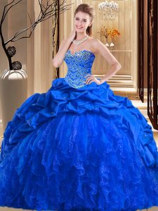 Royal Blue Lace Up Sweetheart Beading and Ruffles Quince Ball Gowns Taffeta and Tulle Sleeveless Brush Train