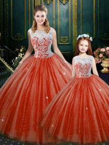 Floor Length Zipper Sweet 16 Dresses Orange Red for Military Ball and Sweet 16 and Quinceanera with Lace