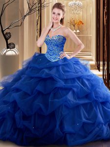 Dazzling Sleeveless Floor Length Beading Lace Up Ball Gown Prom Dress with Royal Blue