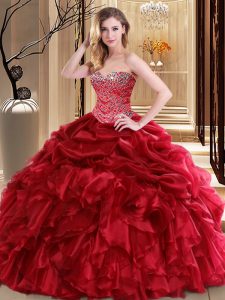 Nice Red Lace Up Sweetheart Beading and Pick Ups Quinceanera Gowns Organza Sleeveless