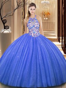 Glorious Blue Lace Up Quinceanera Dress Lace and Appliques Sleeveless Floor Length