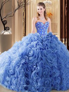Eye-catching Organza and Fabric With Rolling Flowers Sweetheart Sleeveless Court Train Lace Up Embroidery and Ruffles Qu