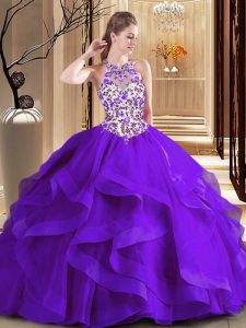 Inexpensive Scoop Sleeveless Tulle Quinceanera Dresses Embroidery Brush Train Lace Up