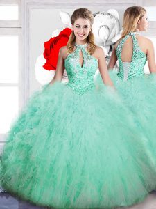 Colorful Sleeveless Floor Length Beading Lace Up Quinceanera Gown with Apple Green