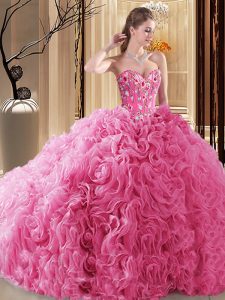 Pick Ups Rose Pink Sleeveless Fabric With Rolling Flowers Lace Up Quinceanera Gowns for Prom and Military Ball and Sweet