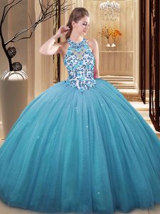 Beautiful Sleeveless Floor Length Lace and Appliques Lace Up Vestidos de Quinceanera with Blue