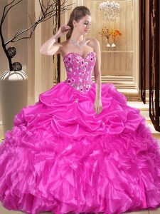 Fuchsia Sleeveless Floor Length Embroidery and Ruffles Lace Up 15 Quinceanera Dress