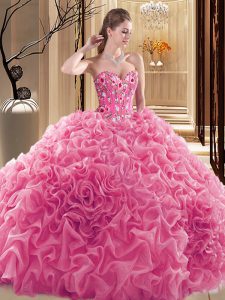 Customized Rose Pink Sweetheart Lace Up Embroidery and Ruffles and Pick Ups 15th Birthday Dress Sleeveless