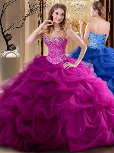 Stunning Fuchsia Sleeveless Tulle Lace Up Sweet 16 Dresses for Military Ball and Sweet 16 and Quinceanera