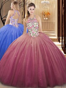 Edgy Burgundy Tulle Lace Up High-neck Sleeveless Floor Length Quinceanera Gown Lace and Appliques