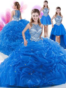 Super Four Piece Royal Blue High-neck Zipper Beading and Pick Ups Sweet 16 Dress Sleeveless