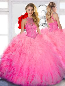 Admirable Tulle High-neck Sleeveless Lace Up Beading Quinceanera Gown in Baby Pink