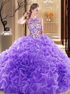 Spectacular Backless High-neck Sleeveless Quinceanera Gowns Brush Train Embroidery and Ruffles Lavender Organza