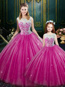 Sleeveless Floor Length Lace Lace Up Quinceanera Gown with Hot Pink