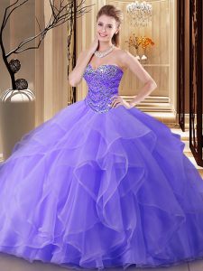 Cute Lavender Ball Gowns Beading Quinceanera Gowns Lace Up Tulle Sleeveless Floor Length