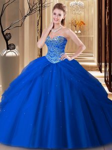 Luxury Beading Vestidos de Quinceanera Royal Blue Lace Up Sleeveless Floor Length
