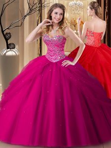 On Sale Fuchsia Lace Up Sweet 16 Dresses Beading Sleeveless Floor Length