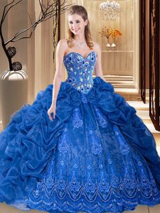 Fashionable Organza Sweetheart Sleeveless Court Train Lace Up Embroidery and Pick Ups Sweet 16 Quinceanera Dress in Roya