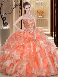 Floor Length Lace Up Sweet 16 Quinceanera Dress Orange for Prom and Military Ball and Sweet 16 and Quinceanera with Bead