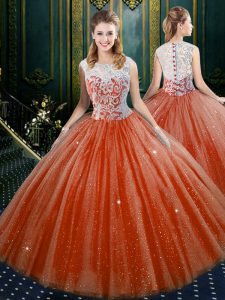 Floor Length Zipper Sweet 16 Dresses Orange Red for Military Ball and Sweet 16 and Quinceanera with Lace