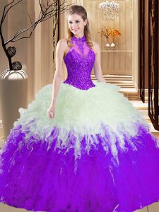 White And Purple Sleeveless Lace and Appliques and Ruffles Floor Length 15 Quinceanera Dress