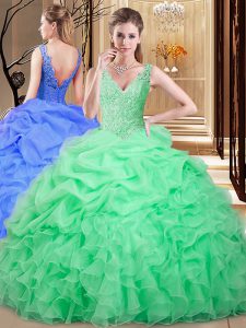 Exquisite Apple Green Sleeveless Floor Length Lace and Appliques and Pick Ups Backless Sweet 16 Dress