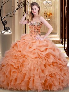 Orange Organza Lace Up Sweetheart Sleeveless Floor Length Sweet 16 Dress Beading and Ruffles and Pick Ups
