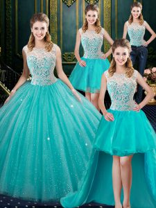 Four Piece Aqua Blue Ball Gowns Tulle High-neck Sleeveless Lace Floor Length Zipper Quinceanera Gown