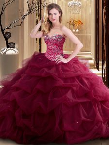 Burgundy Ball Gowns Sweetheart Sleeveless Tulle Floor Length Lace Up Beading and Ruffles 15 Quinceanera Dress
