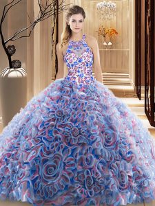 Fashionable Multi-color High-neck Neckline Ruffles and Pattern Quinceanera Gowns Sleeveless Criss Cross