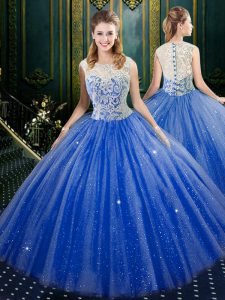 High-neck Sleeveless Vestidos de Quinceanera Floor Length Lace Royal Blue Tulle