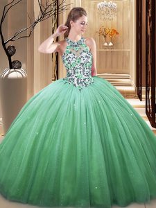 Amazing Floor Length Lace Up Ball Gown Prom Dress Green for Military Ball and Sweet 16 and Quinceanera with Lace and App
